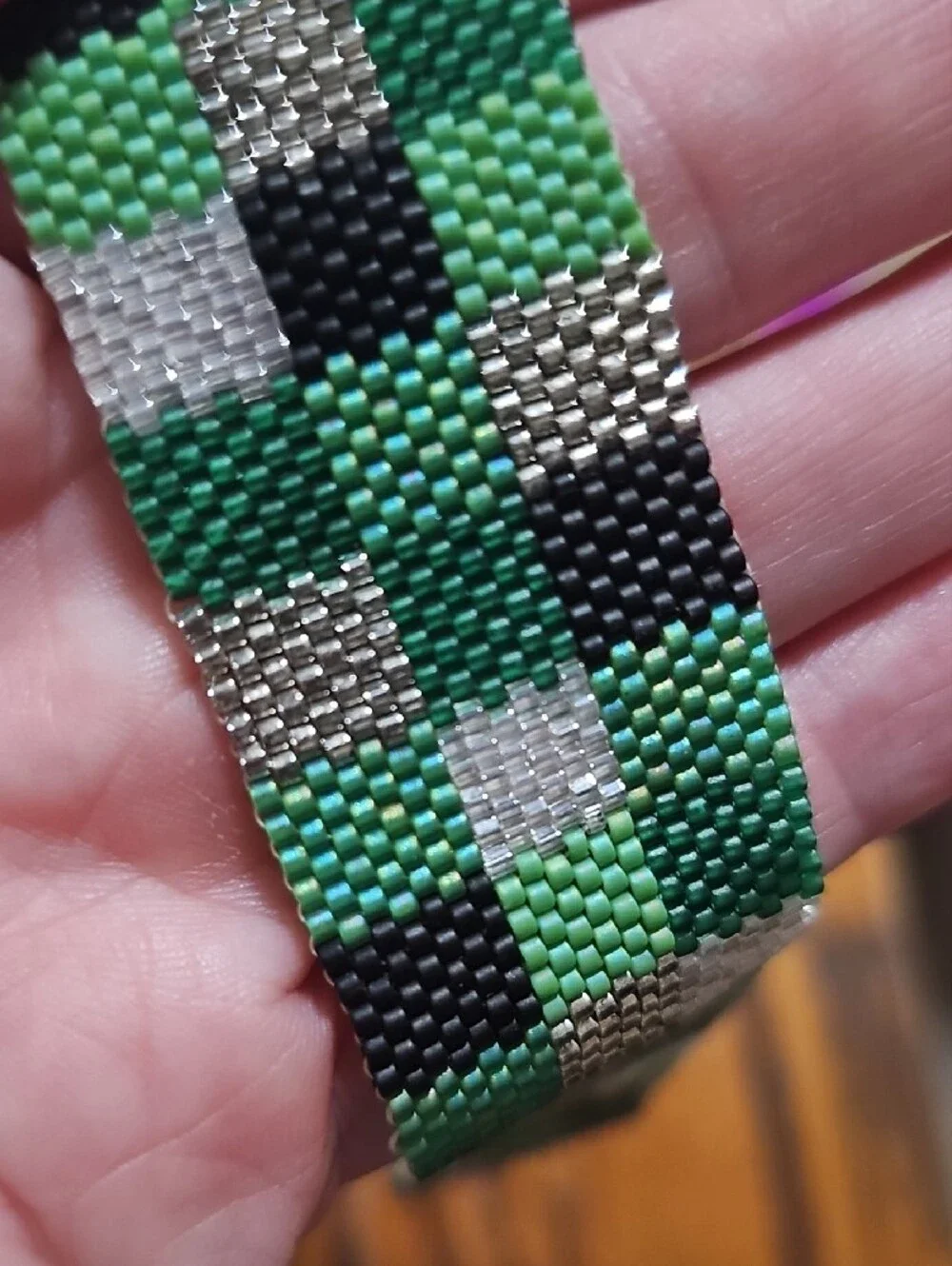 Green, Silver, and Black Handwoven Seed Bead Cuff Bracelet